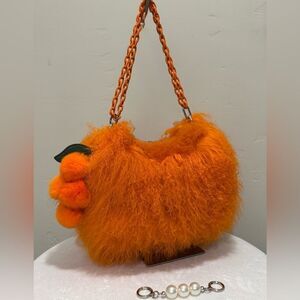 Orange Real Mongolian Lamb Fur Handmade Hobo Bag Includes Fur Grapes Bag Charm